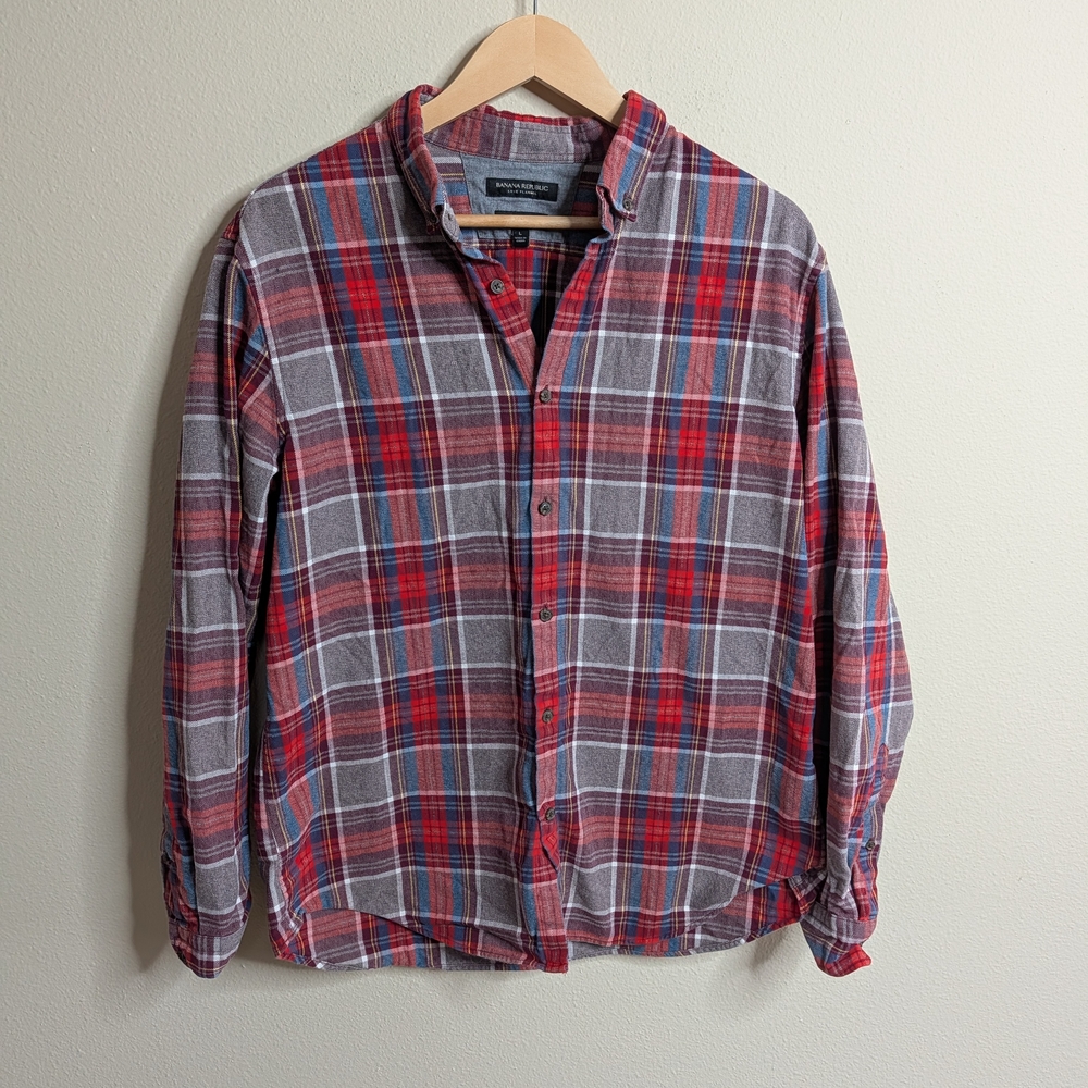 Banana Republic Luxe Flannel Shirt Mens Large Camden Fit Red Plaid Button Down